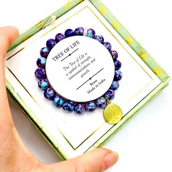 Shivam Tree of Life Purple Beaded Brass Bracelet - Picture 3 of 9